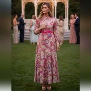 Vintage Handmade Custome Japanese Asian Pink Gold Flowering Long Dress Pink Bow